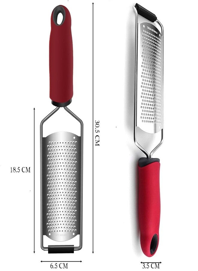 Ramkuwar Stainless Steel Cheese Grater - Flat Handheld Grater and Zester for Garlic, Chocolate, Vegetables, Fruits, Potato, Ginger, and More, Durable Kitchen Tool, Red Handle - Image 2